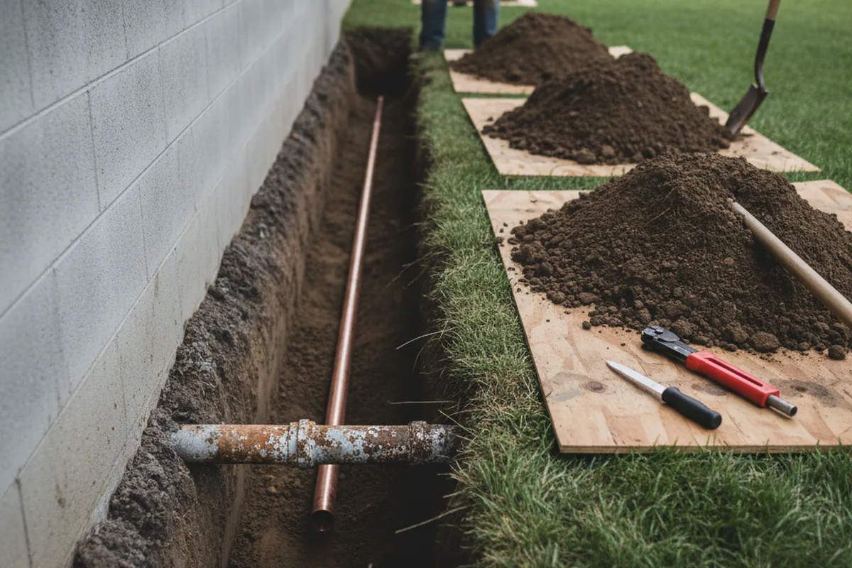 Excavated water line trench during Water Heater Repair in Walpole
